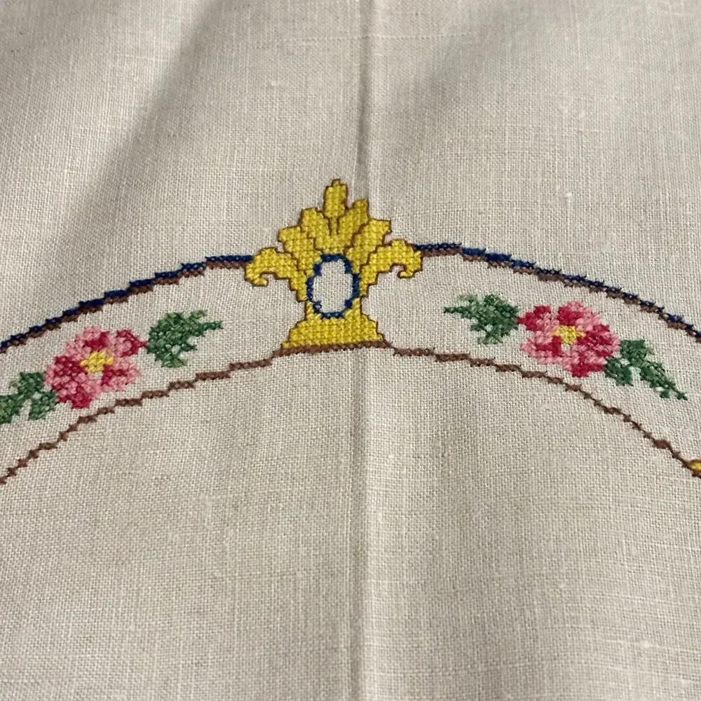 Vintage Hand Embroidered Bridge Card Tablecloth 33.5